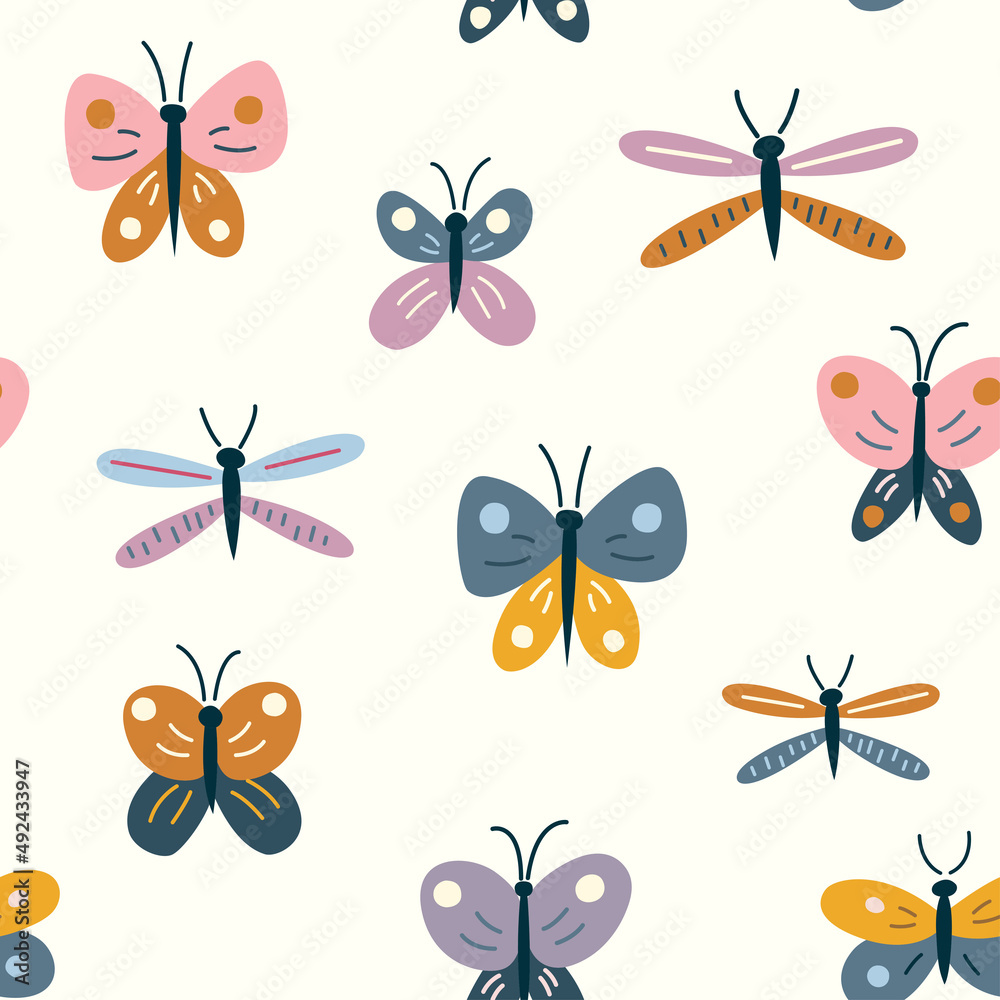 Seamless pattern with a variety of colorful butterflies and dragonflies in random order Seamless pattern with a variety of colorful butterflies and dragonflies in random order