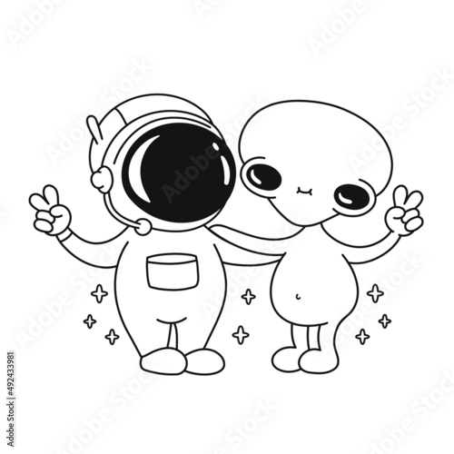 Cute human astronaut and alien show peace gesture page for coloring book. Vector doodle line cartoon kawaii character illustration. Astronaut,alien page for coloring book cartoon mascot concept