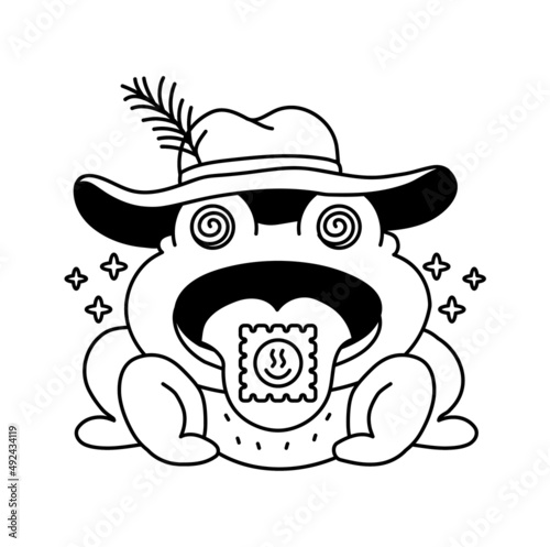 Funny trippy psychedelic frog with acid lsd mark on tongue outline page for coloring book. Vector hand drawn line cartoon character illustration. Trippy psychedelic frog page for coloring book