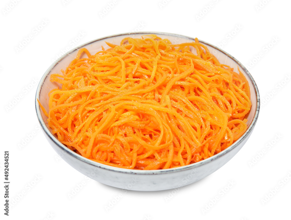 Delicious Korean carrot salad in bowl isolated on white Delicious Korean carrot salad in bowl isolated on white