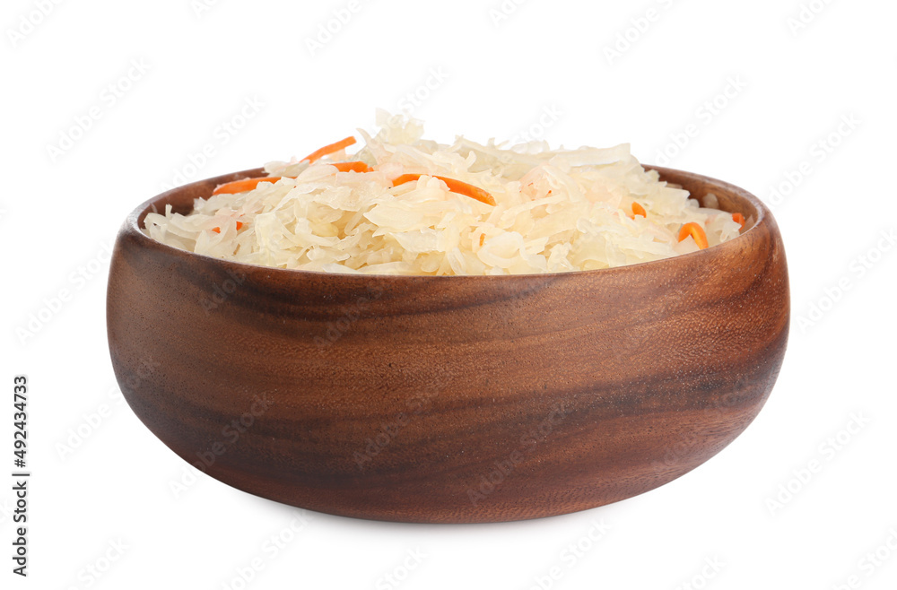 Wooden bowl of tasty fermented cabbage with carrot isolated on white Wooden bowl of tasty fermented cabbage with carrot isolated on white