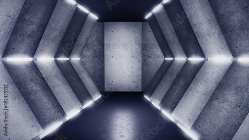 Futuristic Virtual studio background corridor. Ideal for science tv shows, tech commercials or futuristic, events. 3D illustration backdrop suitable on VR tracking system stage sets, with green screen photo