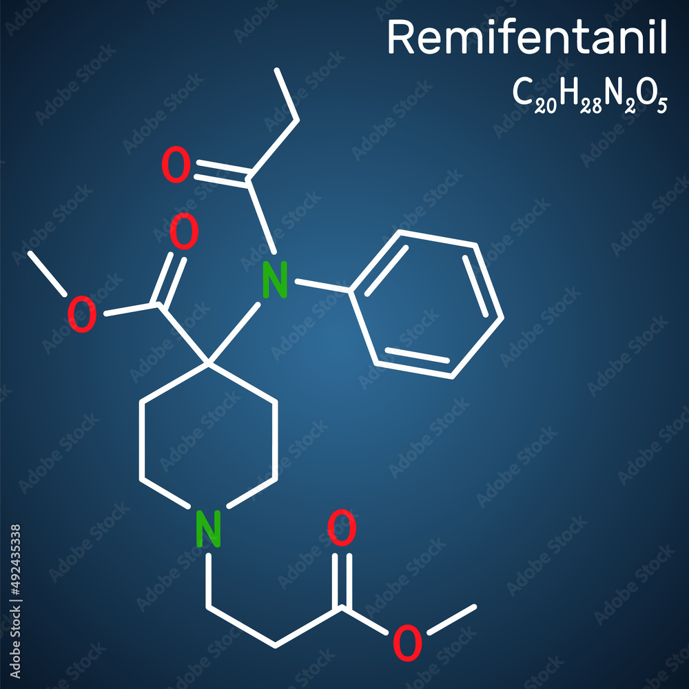 Remifentanil molecule. It is opioid analgesic used in anesthesia. Structural chemical formula on the dark blue background