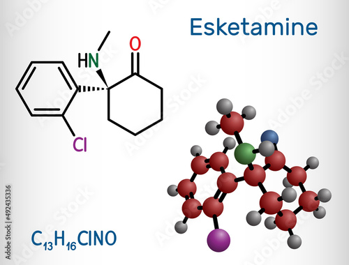 Esketamine molecule. It is the S-enantiomer of ketamine, with analgesic, anesthetic and antidepressant activities.. Structural chemical formula and molecule model photo