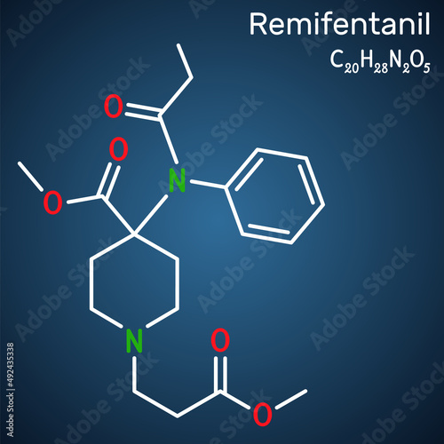 Remifentanil molecule. It is opioid analgesic used in anesthesia. Structural chemical formula on the dark blue background