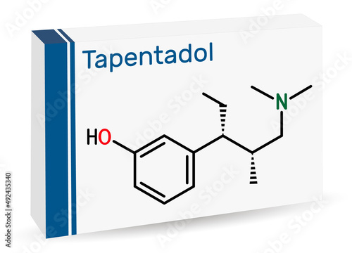 Tapentadol molecule. It is synthetic benzenoid, opioid analgesic for treatment of moderate to severe pain. Skeletal chemical formula. Paper packaging for drugs
