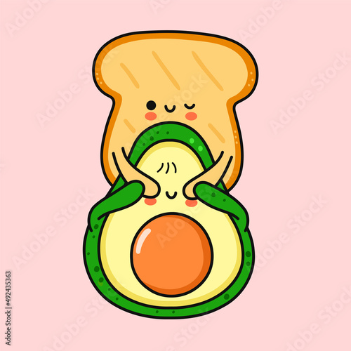 Cute funny toast make avocado surprise.Vector hand drawn cartoon doodle kawaii character illustration icon. Avocado,healthy food,toast cartoon character card concept