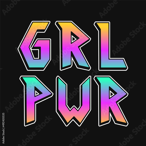 GRL PWR t-shirt print. Vector hand drawn 80s arcade style lettering illustration. Grl pwr,girl power,feminism lettering print for t-shirt, poster,sticker,cover,logo concept