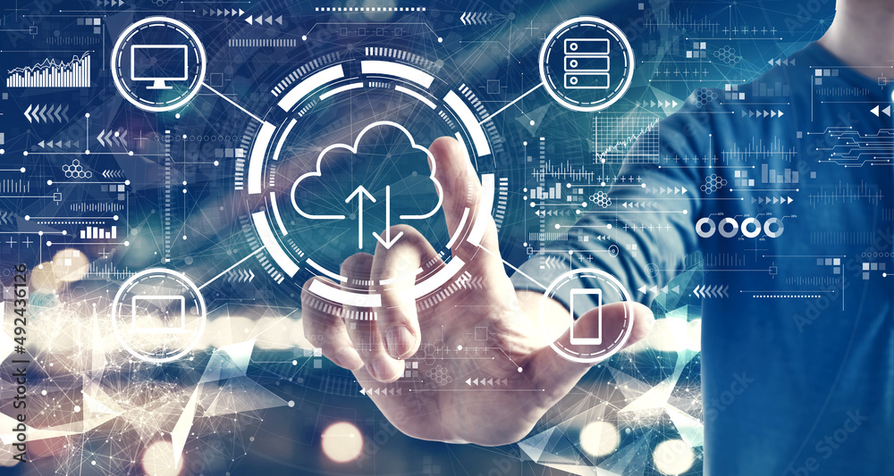 Cloud computing with a man on blurred city background Cloud computing with a man on blurred city background