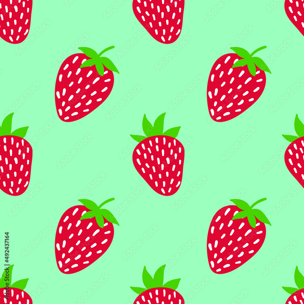 Strawberry seamless pattern on green background. Vector strawberries in cartoon style. Bright colourful pattern with juicy berries. Design for textile, fabric, menu, greeting cards, wrapping paper. Strawberry seamless pattern on green background. Vector strawberries in cartoon style. Bright colourful pattern with juicy berries. Design for textile, fabric, menu, greeting cards, wrapping paper.