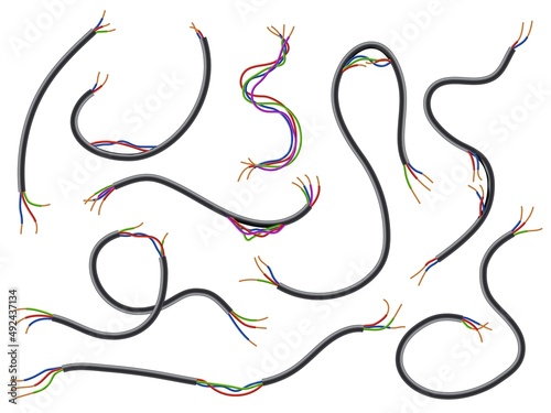 Broken wires. Realistic flexible torn cables with colored wiring. Damaged electrical connections. Different length pieces. Uninsulated current circuit. Vector electricity conductors set