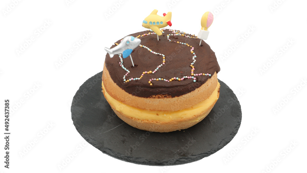 Chocolate birthday cake in the form a Greek cream puff (kok). The theme