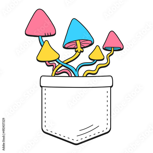 Magic psilocybin mushrooms grow in pocket,t-shirt print.Vector cartoon doodle line style character logo illustration design. Magic trippy mushrooms print for t-shirt pocket,clothing concept