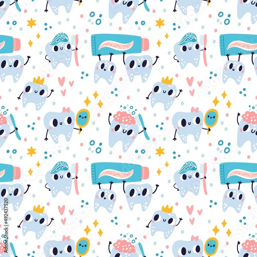 Cute teeth seamless pattern. Funny little dental characters with toothpaste and toothbrush, kids educational print, oral hygiene, white background. Decor textile, wrapping paper, vector print