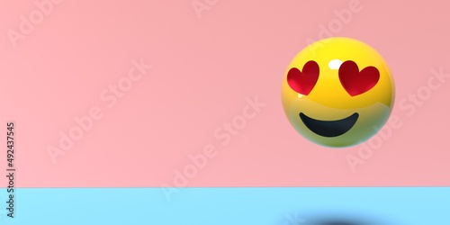 Happy emoticon with red heart eyes - 3D render illustration