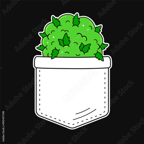Weed cannabis bud in pocket t-shirt print.Vector cartoon doodle line style character logo illustration design.Isolated on white background. Marijuana weed print for pocket t-shirt,clothing concept