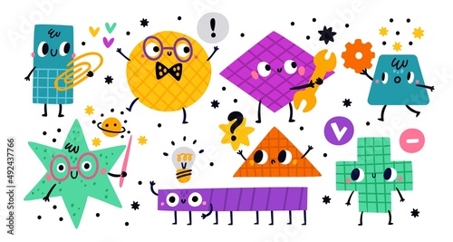 Geometric cute characters. Abstract basic draw figures with happy faces, hands and legs. Cross and hexagon. Funny patterned shapes. Doodle rectangle and circle. Vector emoji objects set