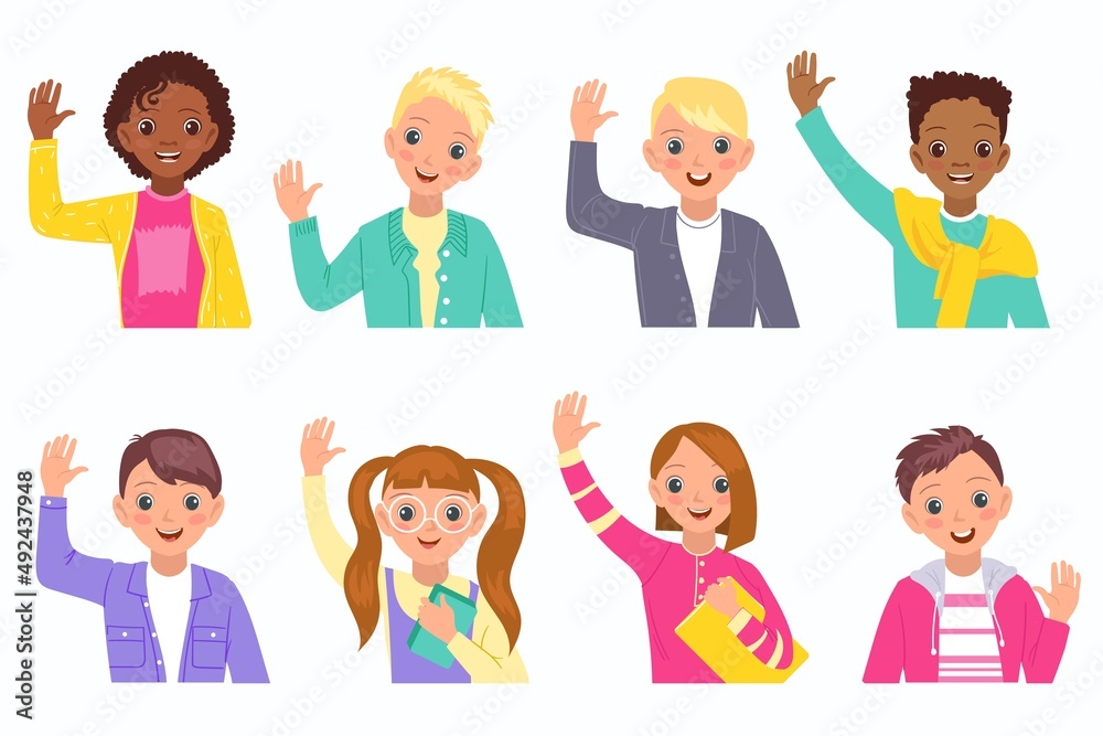 Kids greeting gesture. Happy boys and girls waving hands, funny multiethnic teenagers, young students. Cheerful, smiling waist-high people, vector cartoon flat style isolated set Kids greeting gesture. Happy boys and girls waving hands, funny multiethnic teenagers, young students. Cheerful, smiling waist-high people, vector cartoon flat style isolated set