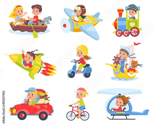 Kids drivers and pilots. Cute children in colorful childish transport, smiling boys and girls driving helicopters and planes, rockets and cars, ships and boats vector cartoon flat set