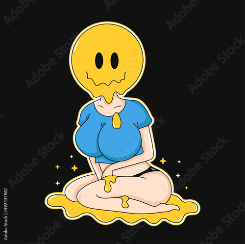 Beauty girl with melt smile face. Vector hand drawn cartoon kawaii character logo illustration. Girl,woman,acid,trippy smile melt,deformed face character t-shirt,poster,logo,sticker print concept
