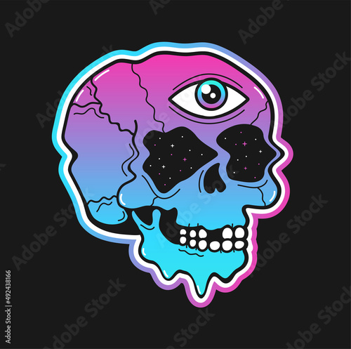 Psychedelic trippy skull with open third eye. Vector hand drawn doodle line cartoon character illustration. Psychedelic,acid,skull,third eye print for t-shirt, poster,sticker,cover,card concept
