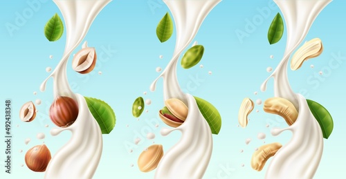Realistic nuts in milk splashes. 3D yogurt cream liquid streams with pistachios, hazelnuts and cashews. Flavored desserts. Shakes pouring flows. Dairy product tastes. Vector drinks set