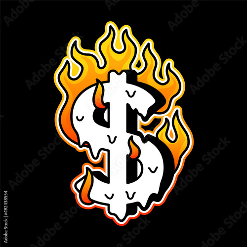 Dollar symbol burn in fire t-shirt print.Vector cartoon graphic illustration logo design.Money,dollar,fire print for poster,t-shirt,logo concept