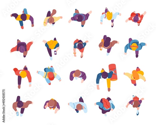 Walking people top view. Flat citizens characters in casual clothes. Men or women motion. Persons with phones. Guys or girls carry bags and backpacks. Vector street traffic elements set