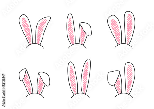 Easter rabbit headband vector icon, doodle bunny mask set isolated on white background. Funny animal illustration