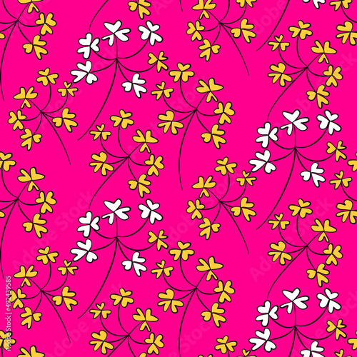 Vector seamless half-drop pattern, with leaves and flowers