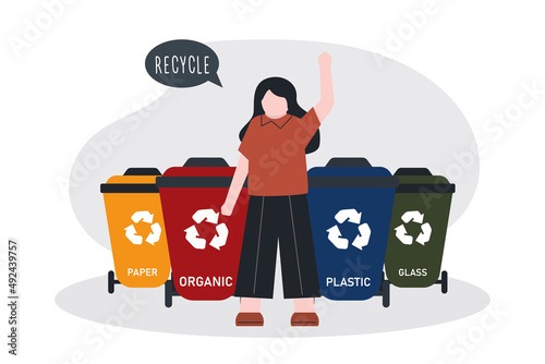 Cute girl promote everyone to separate and recycle garbage. Separation and recycling of various wastes. Waste collection, segregation and reclamation