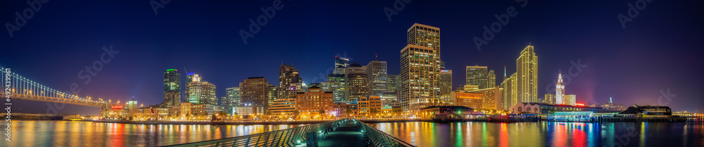 San Francisco skyline night panorama with city lights on Pier 14