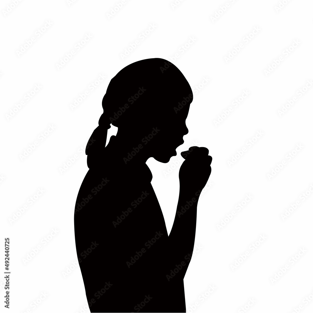 a girl eating food, head silhouette vector