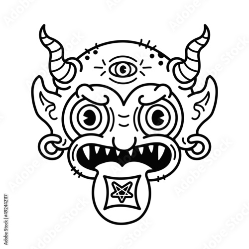 Devil with acid lsd blotter mark on tongue t-shirt print. Vector line art page for coloring book. Demon,horns,satan,trippy psychedelic devil,lsd acid print for poster,t-shirt,logo concept