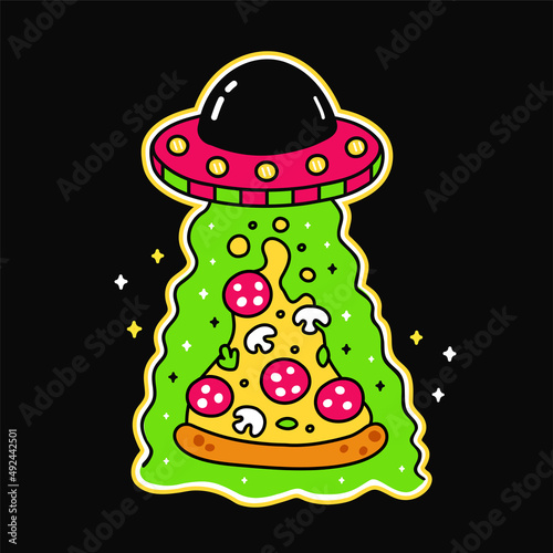 Alien in flying saucer abduction pizza slice print for t-shirt art.Vector line doodle cartoon graphic illustration logo design.Ufo,spaceship,pizza,alien,flying saucer print for poster, t-shirt concept