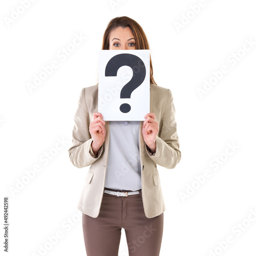 I have a question for you. Studio shot of a young businesswoman holding a placard with a question mark on it.