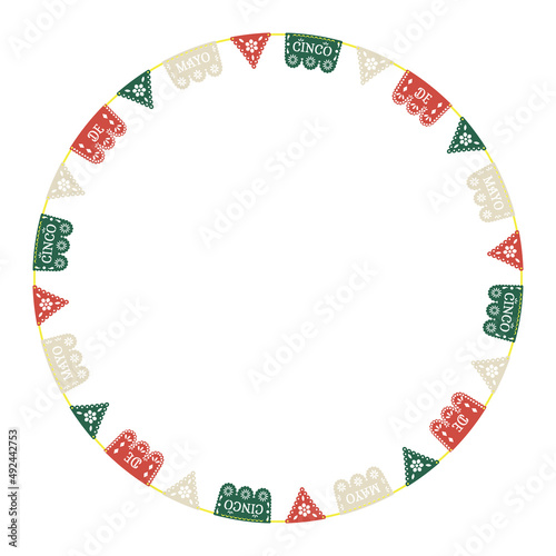 Cinco de Mayo paper garland circle frame. Papel picado vector illustration. For greeting card, invitation, photo decor, flyer, banner