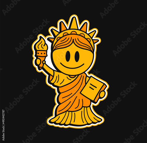 Cute New York Statue of Liberty with smile face print for t-shirt.Vector hand drawn doodle line cartoon character illustration. Statue of Liberty,New York print for t-shirt, poster,sticker concept