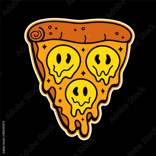 Pizza slice with melt smile face t-shirt print. Vector doodle line cartoon character illustration.Pizza,trippy smile face,acid print on poster, t-shirt,logo concept