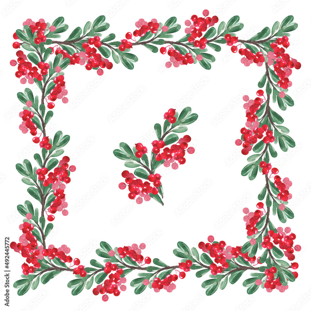 A branch with red berries and green leaves in a square frame for the design of postcards, posters and other printed products. Majolica painting style. A branch with red berries and green leaves in a square frame for the design of postcards, posters and other printed products. Majolica painting style.