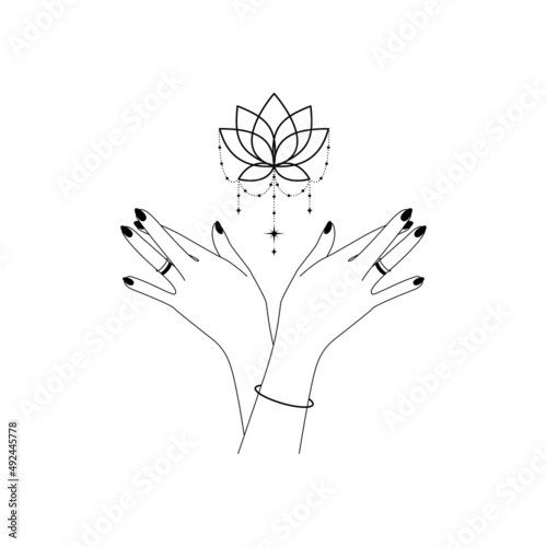 Sacred bloom lotus flower with womens hands outline. Alchemy spiritual floral symbol with palm for logo yoga wellness and meditation school. Esoteric mystical design element. Vector illustration
