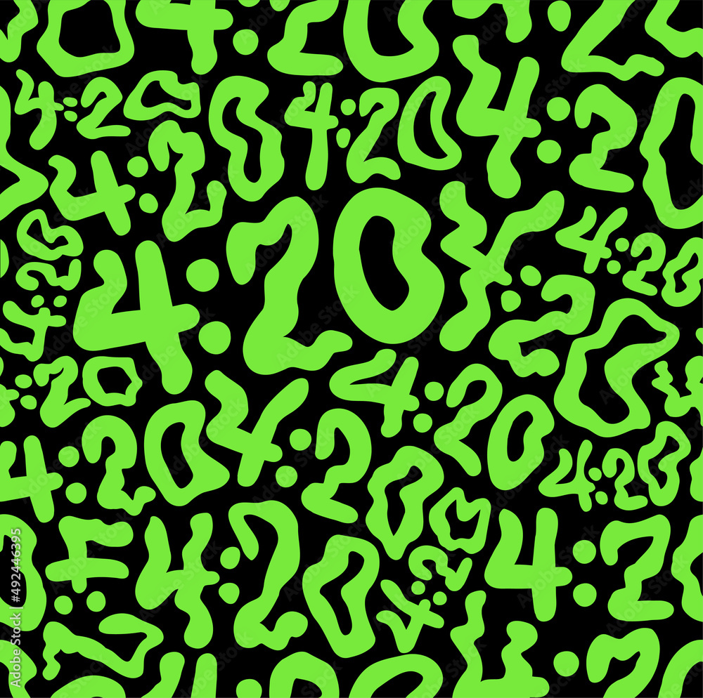 Deformed wavy 420 number seamless pattern wallpaper.Vector graphic character illustration.420 trippy lettering,weed,rasta,cannabis,marijuana seamless pattern wallpaper print concept