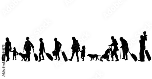 Silhouette of a group of refugee on white background