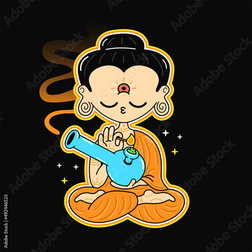 Cute funny Buddha smoke weed with bong. Vector hand drawn cartoon kawaii character logo illustration. Buddha,buddhist smoke marijuana, cannabis, weed with bong character t-shirt print concept