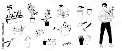 Man with tomato plant in pot and set elements about growing vegetables on balcony, gloves, garden tools, watering can, pots, plants. Black outline on white background vector illustrations.