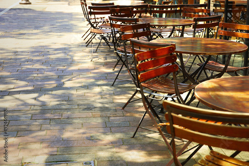 Cafe terrace on an empty street corner on a spring morning