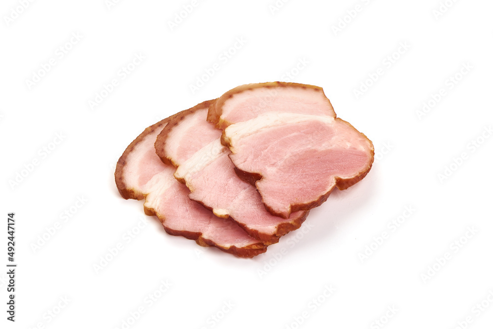 Smoked pork loin with slices, isolated on white background.