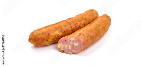 Smoked pork sausages with cheese, isolated on white background.