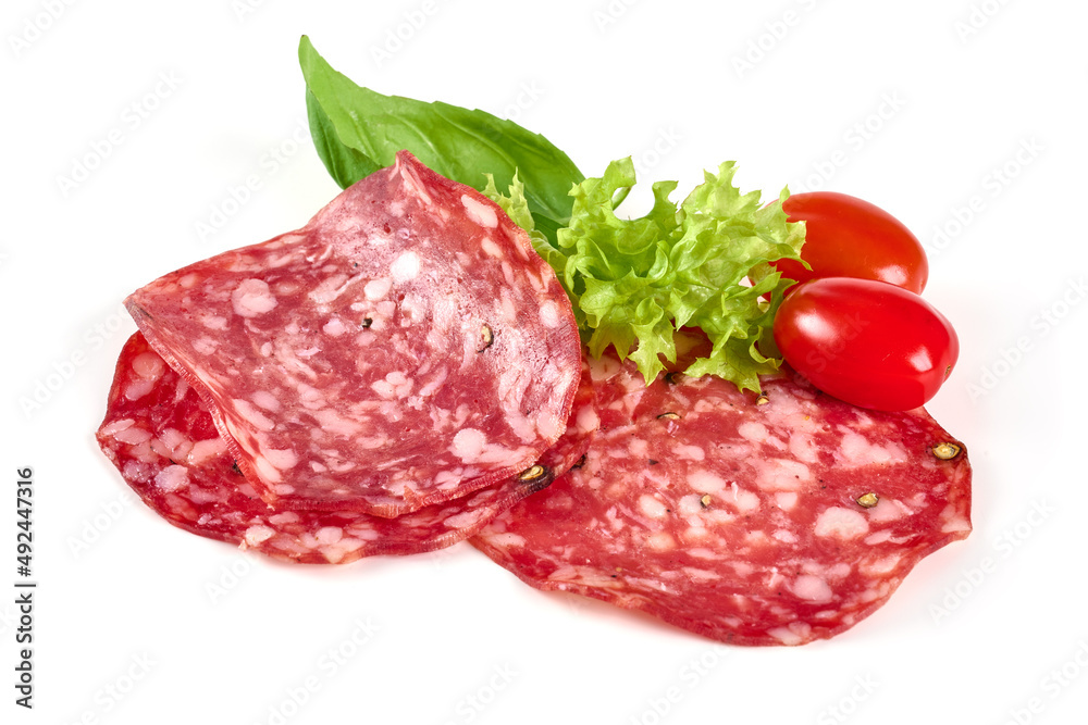 Italian Salami with basil leaves, isolated on white background. Italian Salami with basil leaves, isolated on white background.