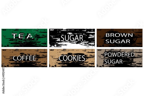 Labels kitchen. Kitchen design: tea, coffee,  sugar, powered sugar, brown sugar.